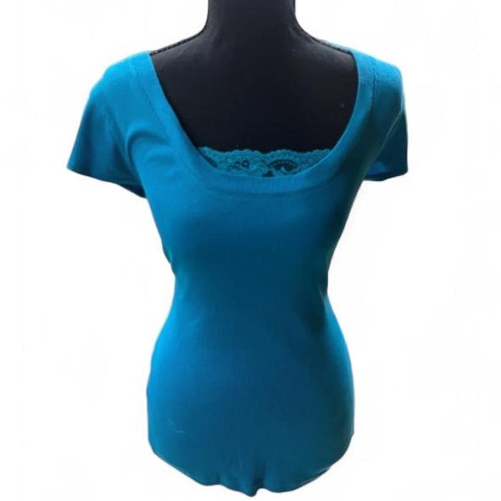 Vintage rue21 Y2K Teal Blue Ribbed Layered Lace Trim Top Large Tee